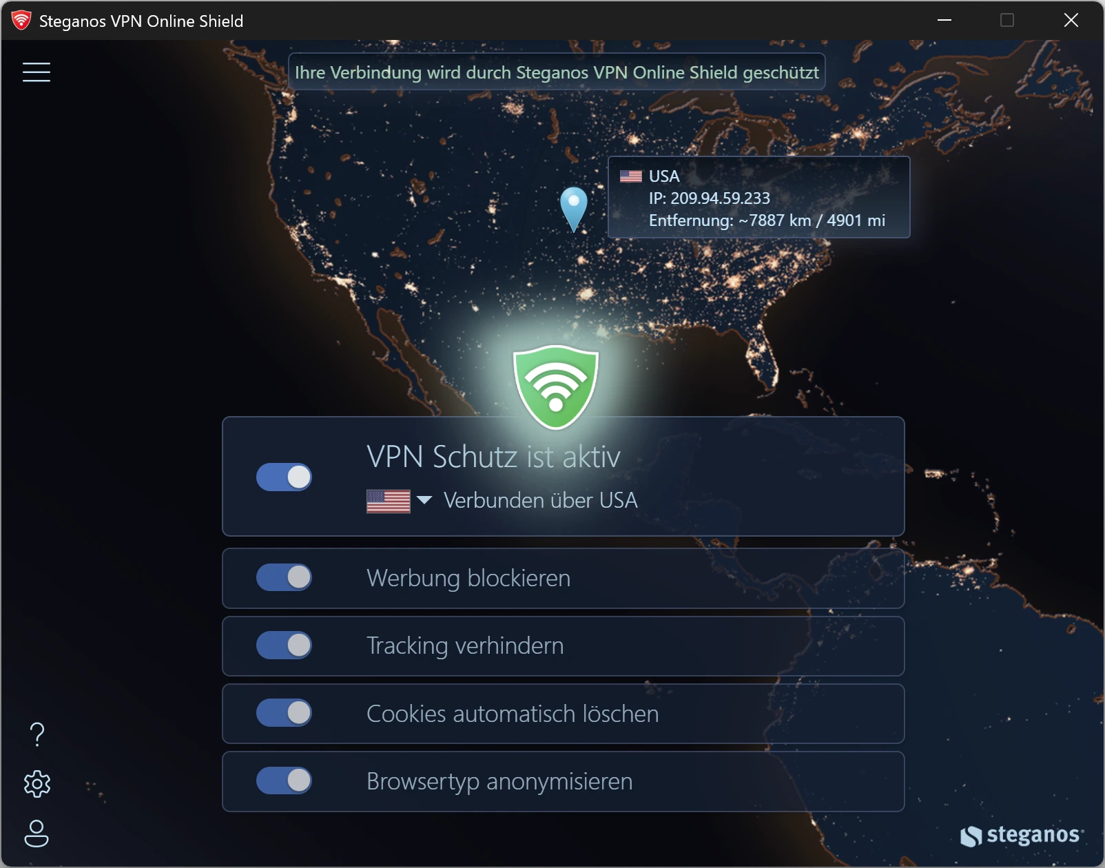 Steganos VPN Online Shield im Dark-Mode